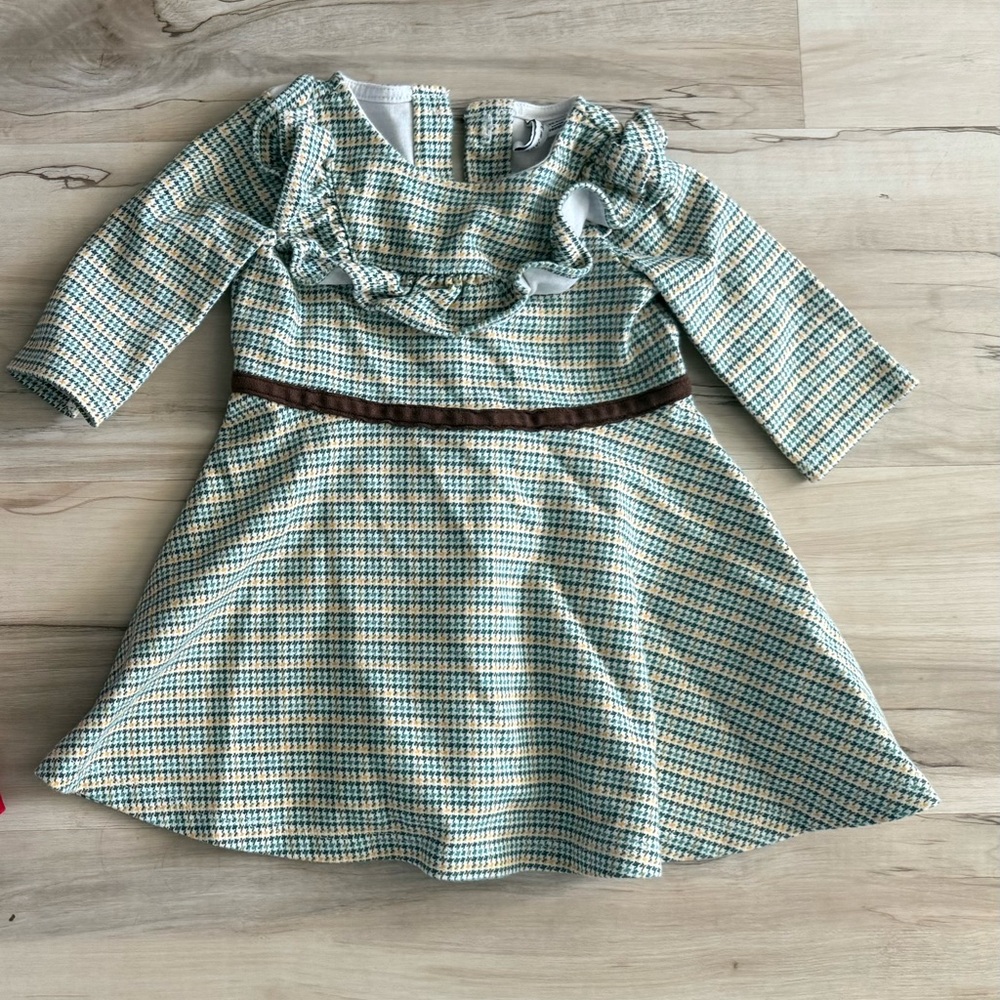 Janie and Jack Green Houndstooth Plaid Ruffle Ponte Dress 12-18 months